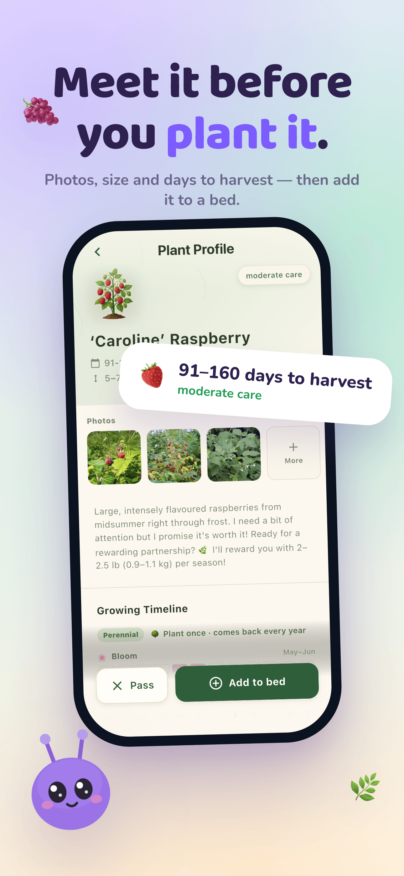 Plant profiles with size, sun and days to harvest